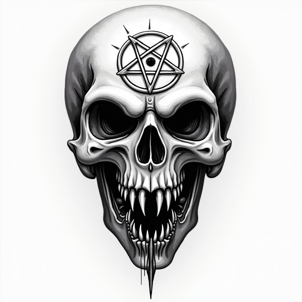 Star wars battlecreepy horror tattoo style, featuring an eerie and unsettling skull of a demonic creature, distorted face with sharp fangs, add pentagram symbol - Variation 2