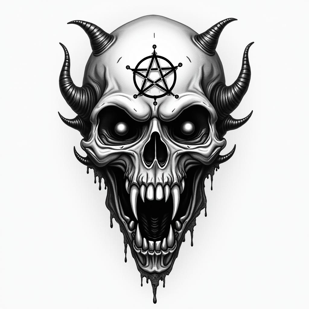 Star wars battlecreepy horror tattoo style, featuring an eerie and unsettling skull of a demonic creature, distorted face with sharp fangs, add pentagram symbol - Variation 4