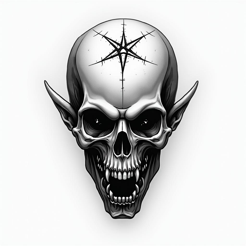 Star wars battlecreepy horror tattoo style, featuring an eerie and unsettling skull of a demonic creature, distorted face with sharp fangs, add pentagram symbol - Variation 3