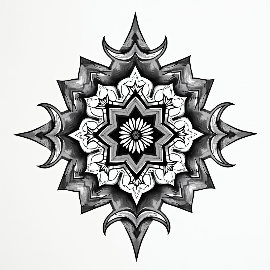 Resilience in geometric style tattoo, blending hexagons, mandala-inspired patterns, symmetrical and fractal design, clean lines, sharp angles - Variation 4