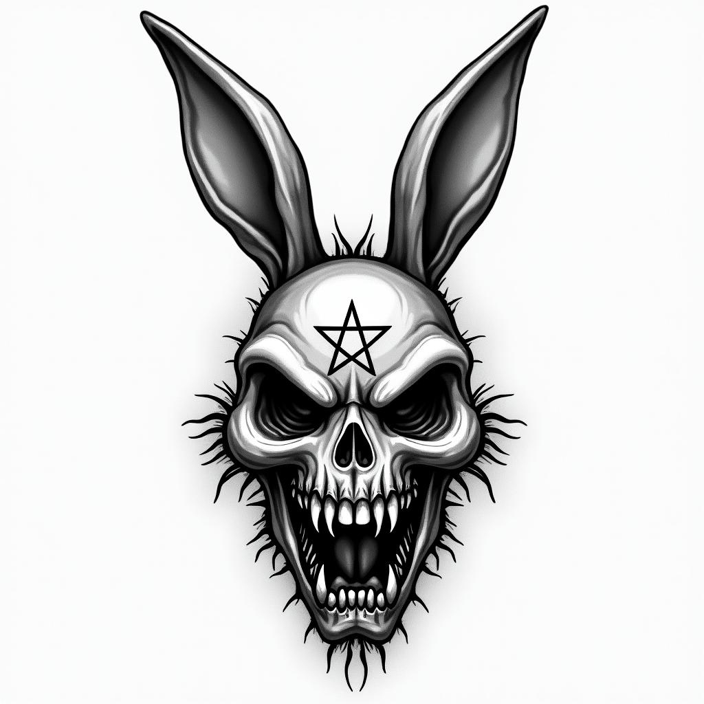 Create a tattoo of Bugs Bunny.creepy horror tattoo style, featuring an eerie and unsettling skull of a demonic creature, distorted face with sharp fangs, add pentagram symbol - Variation 7