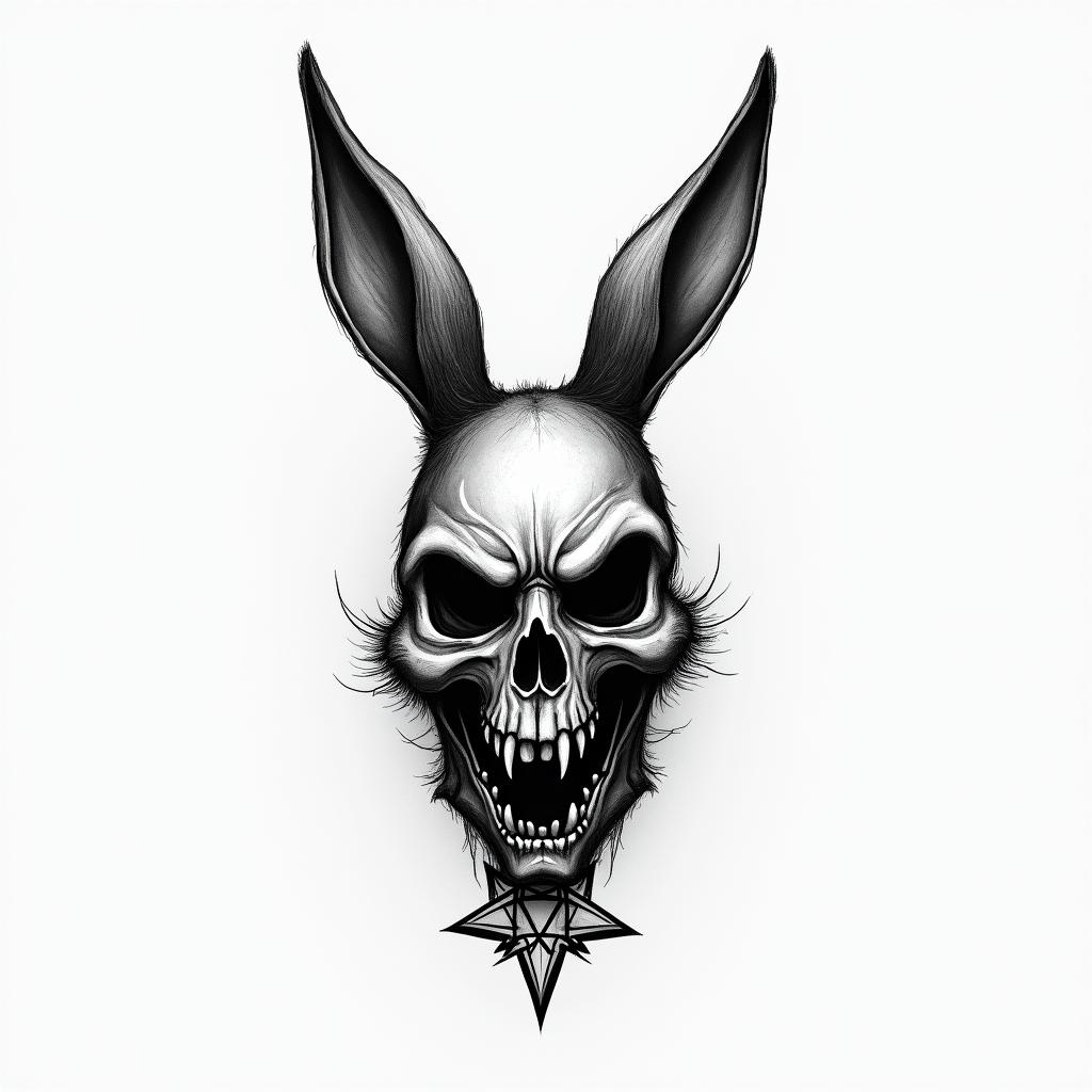 Create a tattoo of Bugs Bunny.creepy horror tattoo style, featuring an eerie and unsettling skull of a demonic creature, distorted face with sharp fangs, add pentagram symbol - Variation 5