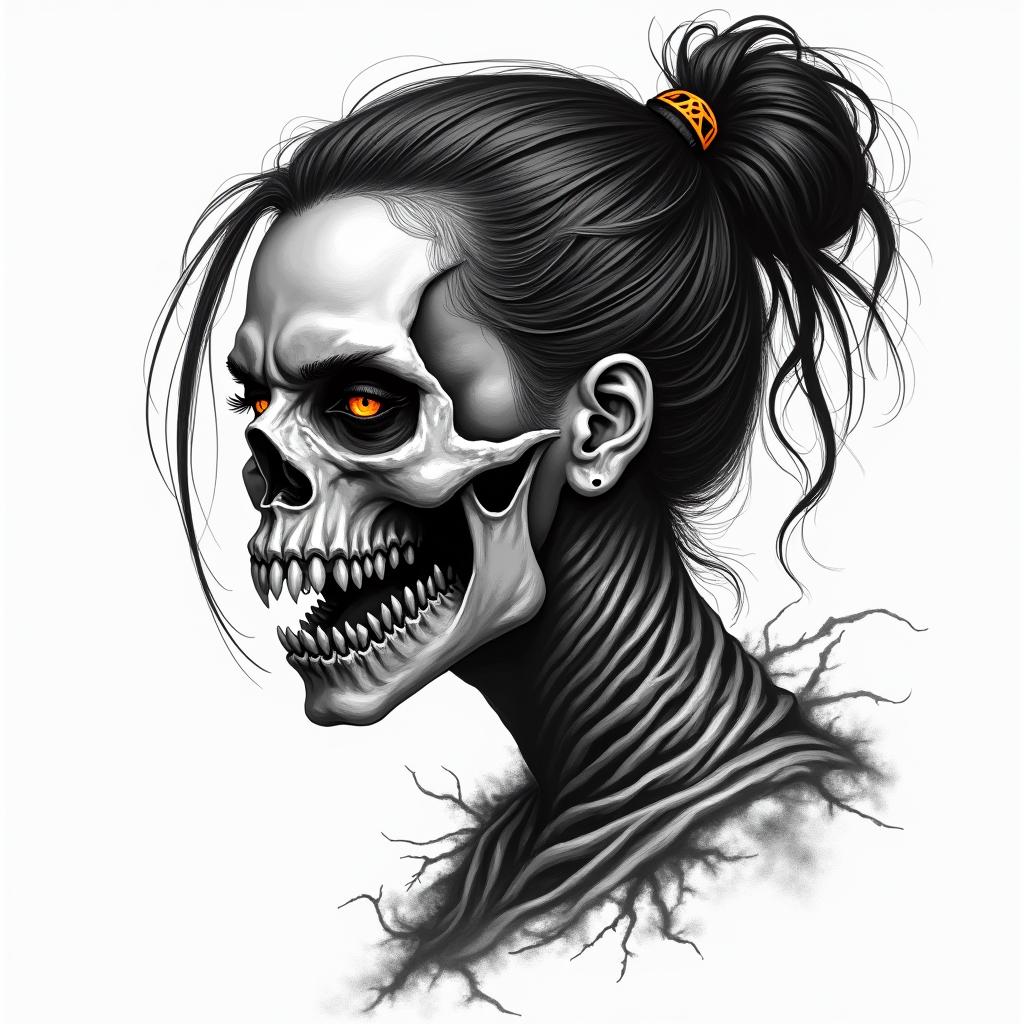 Futuristic cyberpunk girl with neon accentscreepy horror tattoo style, featuring an eerie and unsettling skull of a demonic creature, distorted face with sharp fangs, add pentagram symbol