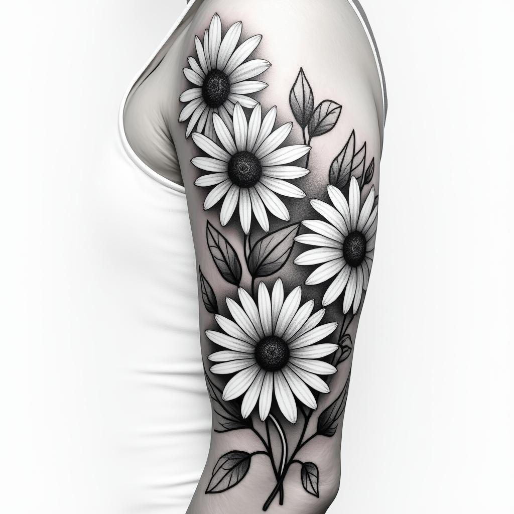 Daisies, water lilies, and hawthorn mixed together for a half sleeve tattoo on the upper armin realism tattoo style, featuring a highly detailed, lifelike, capturing every detail, photorealistic, ultra realistic, intricate shading, smooth and sharp, - Variation 3