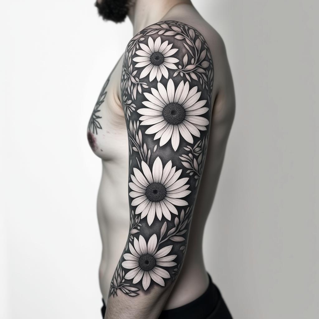 Daisies, water lilies, and hawthorn mixed together for a half sleeve tattoo on the upper armin realism tattoo style, featuring a highly detailed, lifelike, capturing every detail, photorealistic, ultra realistic, intricate shading, smooth and sharp,  