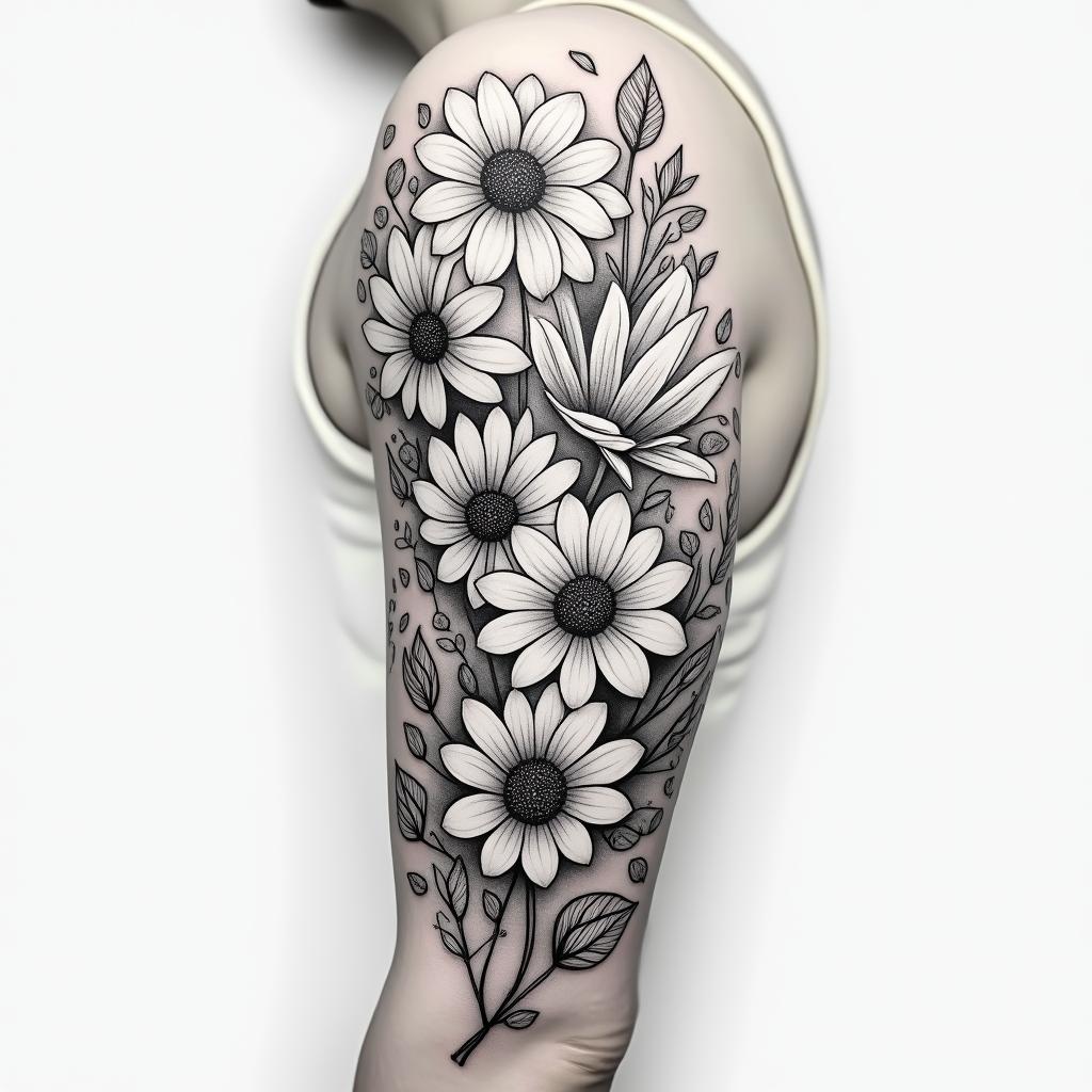 Daisies, water lilies, and hawthorn mixed together for a half sleeve tattoo on the upper armin realism tattoo style, featuring a highly detailed, lifelike, capturing every detail, photorealistic, ultra realistic, intricate shading, smooth and sharp, - Variation 4