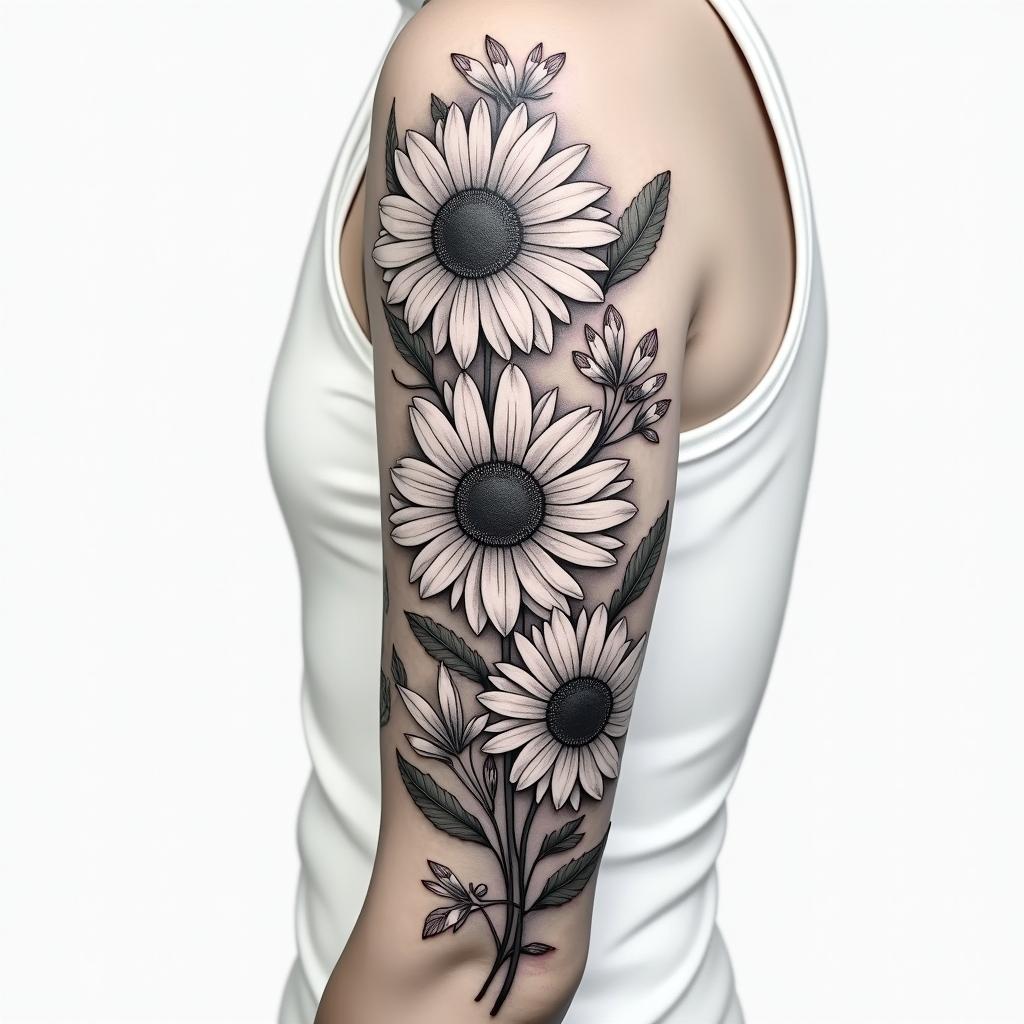 Daisies, water lilies, and hawthorn mixed together for a half sleeve tattoo on the upper armin realism tattoo style, featuring a highly detailed, lifelike, capturing every detail, photorealistic, ultra realistic, intricate shading, smooth and sharp, - Variation 2