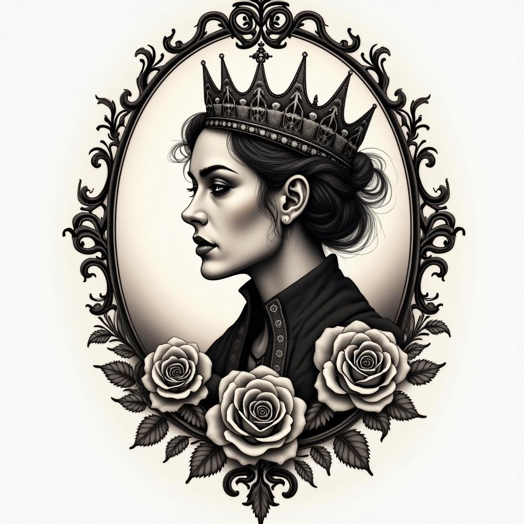 King of hellin victorian style tattoo, featuring vintage and elegant elements, ornate frames, roses, antique, sepia-toned color scheme