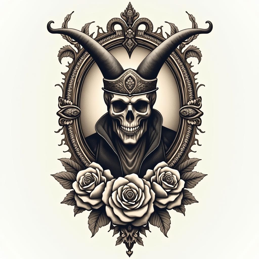King of hellin victorian style tattoo, featuring vintage and elegant elements, ornate frames, roses, antique, sepia-toned color scheme - Variation 2