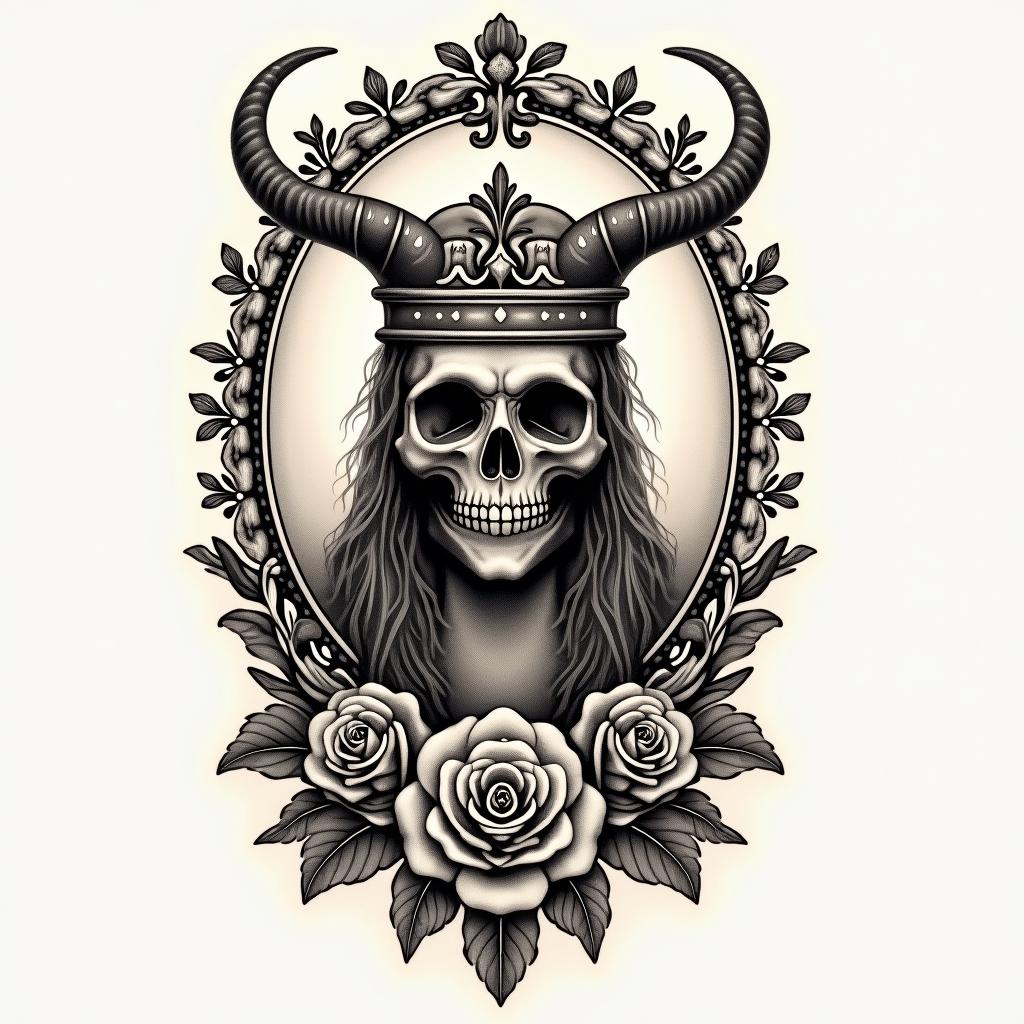 King of hellin victorian style tattoo, featuring vintage and elegant elements, ornate frames, roses, antique, sepia-toned color scheme - Variation 3