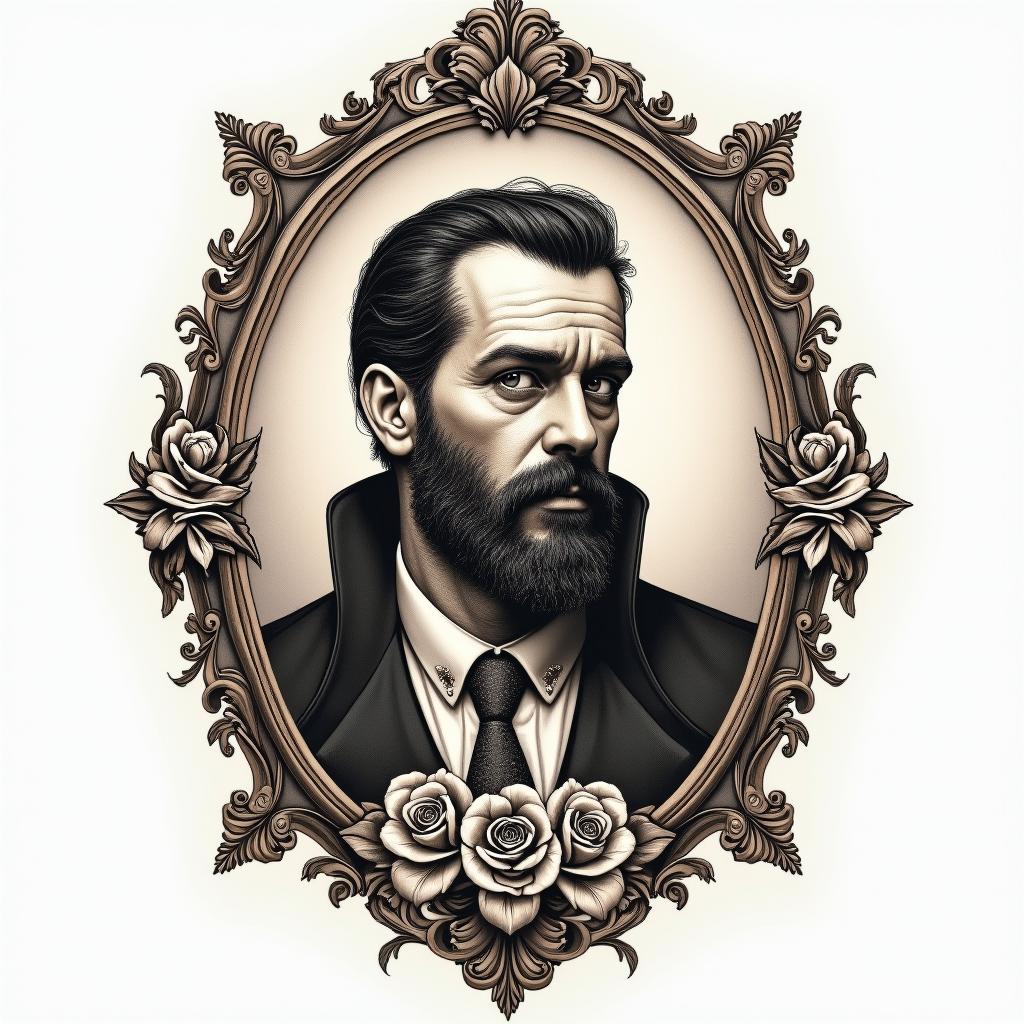 King of hellin victorian style tattoo, featuring vintage and elegant elements, ornate frames, roses, antique, sepia-toned color scheme - Variation 4