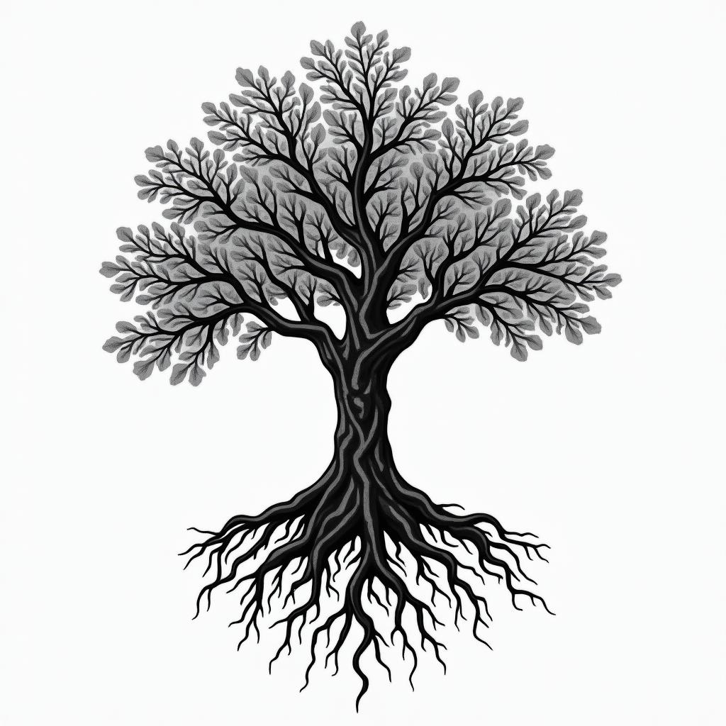 A black and white tattoo of a strong, rooted tree symbolizing remembrance and goodness, with intricate roots representing stability and strength, reflecting the values of a loving grandfather from the 1950s.higly detailed tattoo - Variation 4