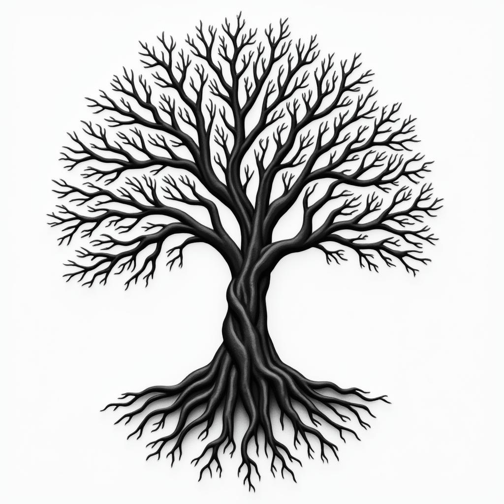 A black and white tattoo of a strong, rooted tree symbolizing remembrance and goodness, with intricate roots representing stability and strength, reflecting the values of a loving grandfather from the 1950s.higly detailed tattoo - Variation 3