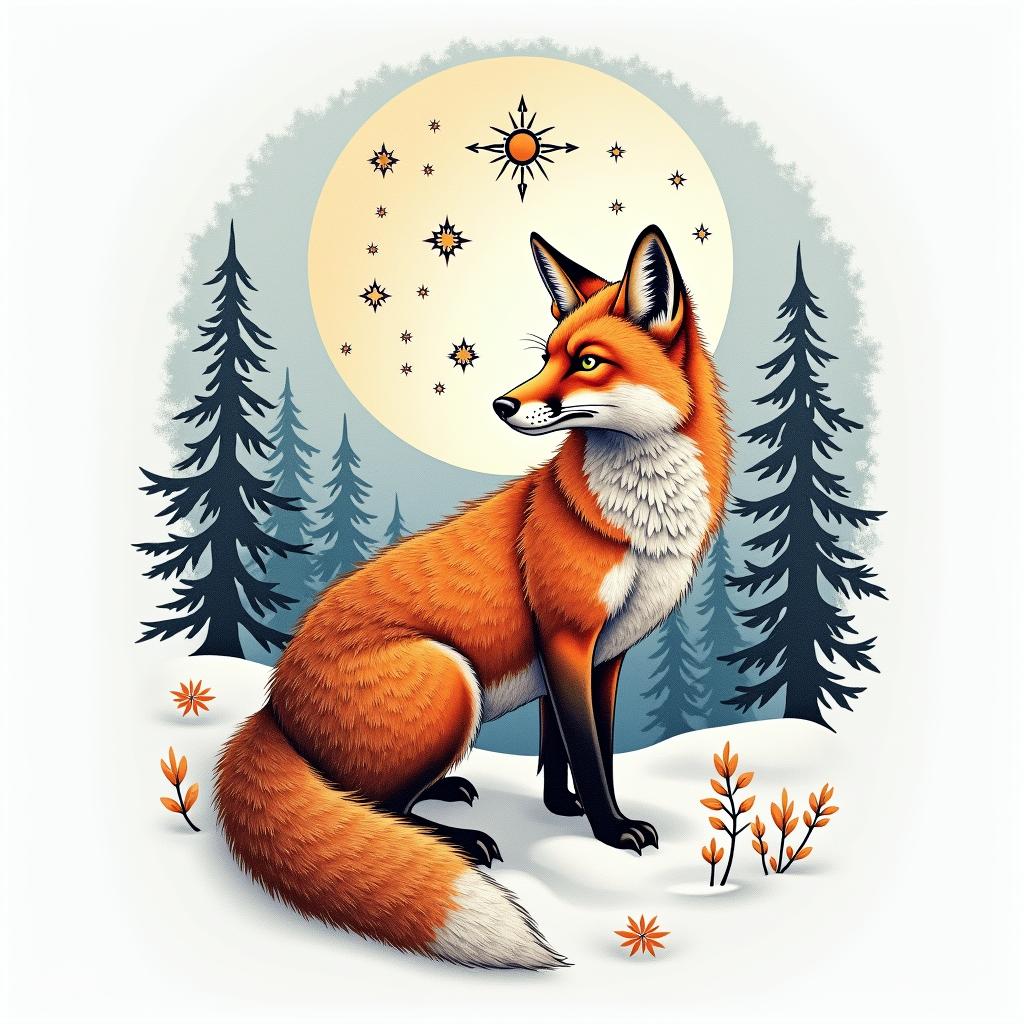 A fox in a snowy landscape under the full moon. In its eyes, there are the constellations of Capricorn and Sagittarius.in spiritual symbols tattoo style, featuring an intricate design incorporating elements, Hamsa hand, third eye, minimalist composition - Variation 3