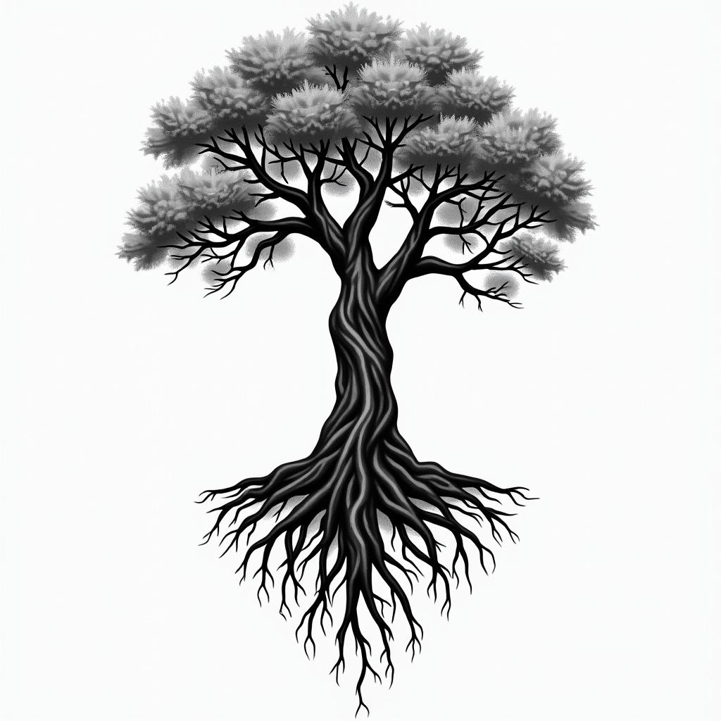 A black and white tattoo of a strong, rooted tree symbolizing remembrance and goodness, with intricate roots representing stability and strength, reflecting the values of a loving grandfather from the 1950s.higly detailed tattoo
