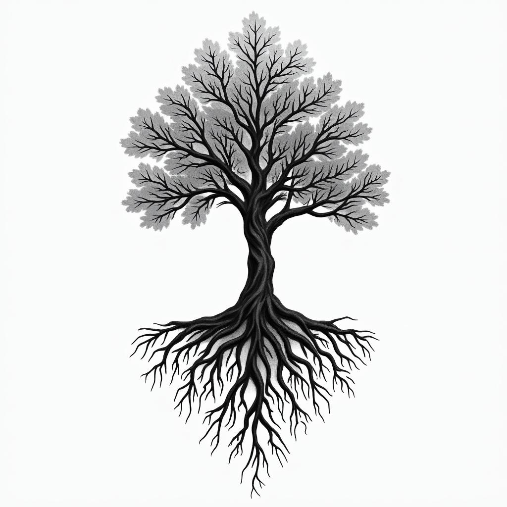 A black and white tattoo of a strong, rooted tree symbolizing remembrance and goodness, with intricate roots representing stability and strength, reflecting the values of a loving grandfather from the 1950s.higly detailed tattoo - Variation 2