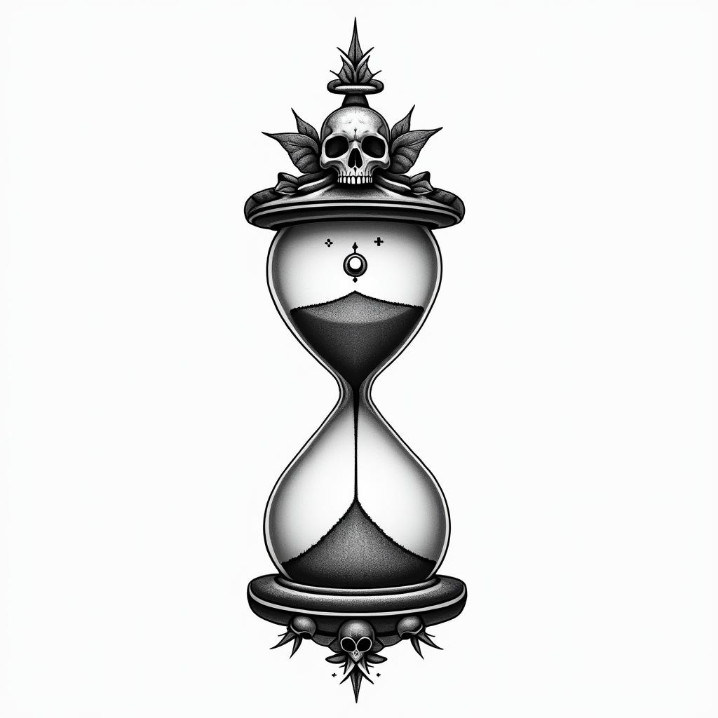 Hourglass with sand and skullsin spiritual symbols tattoo style, featuring an intricate design incorporating elements, Hamsa hand, third eye, minimalist composition