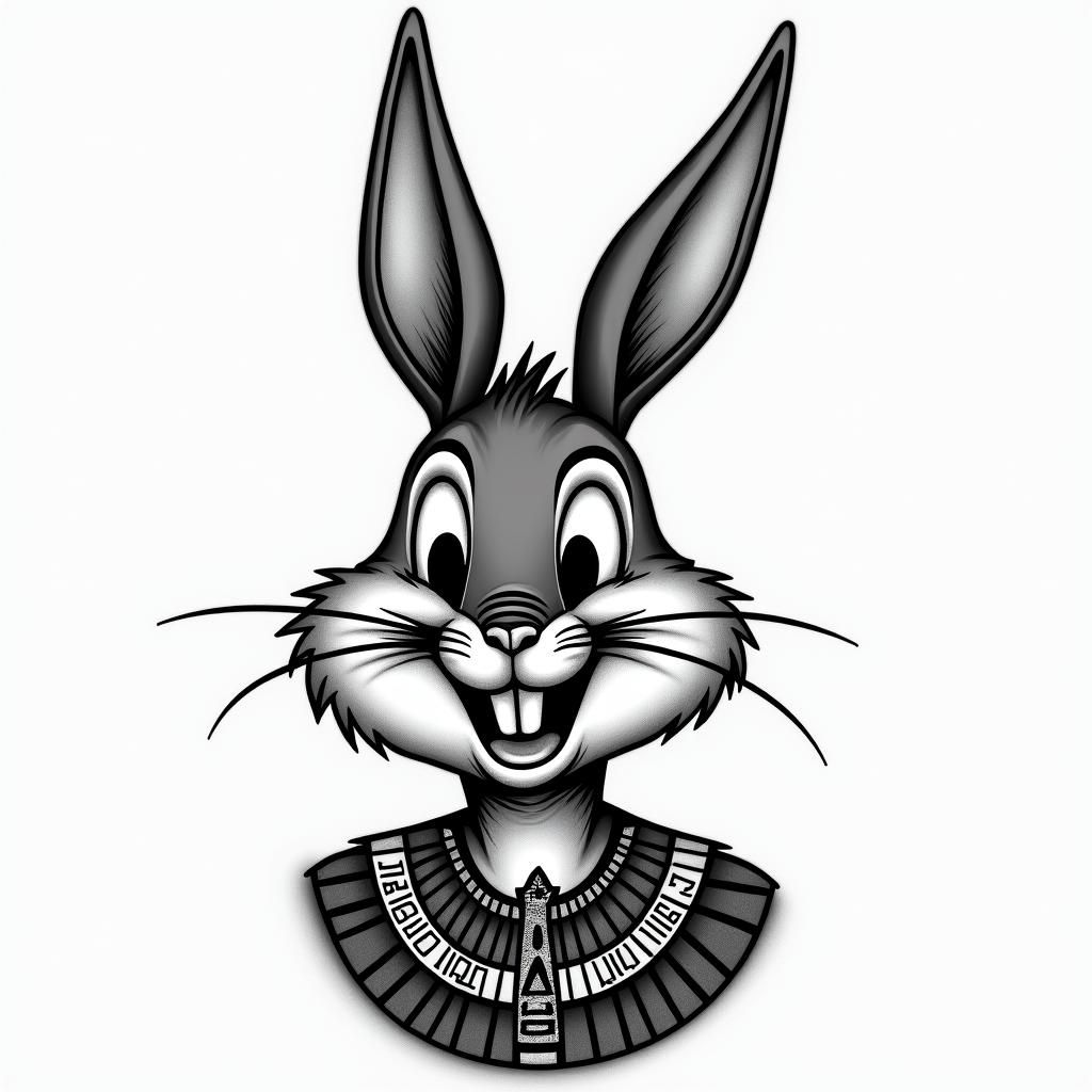 Bugs Bunnyin egyptian style tattoo, bold elements of ancient egyptian culture including a portrait of an Egyptian pharaoh with detailed facial features, in hieroglyphs and symbolic imagery, eye of horus, ankh symbol, scarab beetle - Variation 2