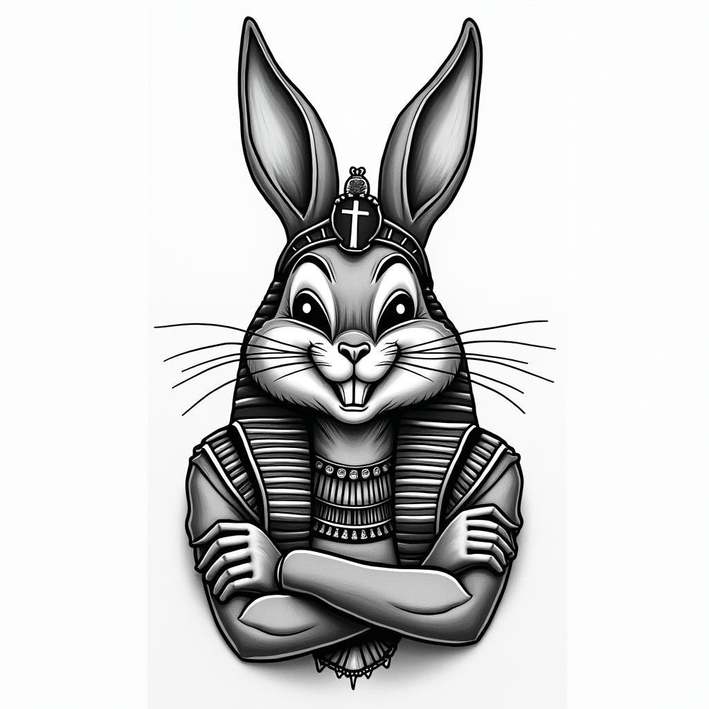 Bugs Bunnyin egyptian style tattoo, bold elements of ancient egyptian culture including a portrait of an Egyptian pharaoh with detailed facial features, in hieroglyphs and symbolic imagery, eye of horus, ankh symbol, scarab beetle - Variation 4