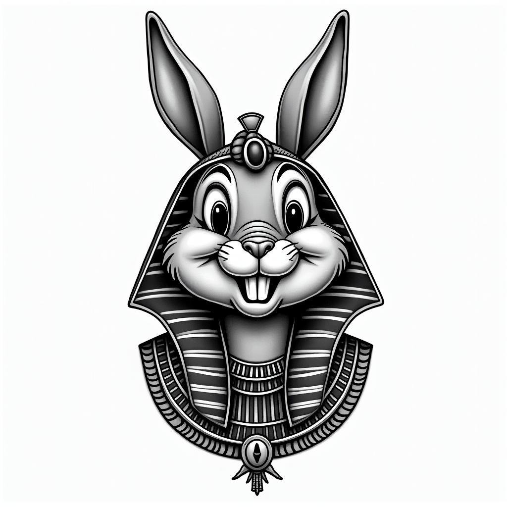 Bugs Bunnyin egyptian style tattoo, bold elements of ancient egyptian culture including a portrait of an Egyptian pharaoh with detailed facial features, in hieroglyphs and symbolic imagery, eye of horus, ankh symbol, scarab beetle - Variation 3
