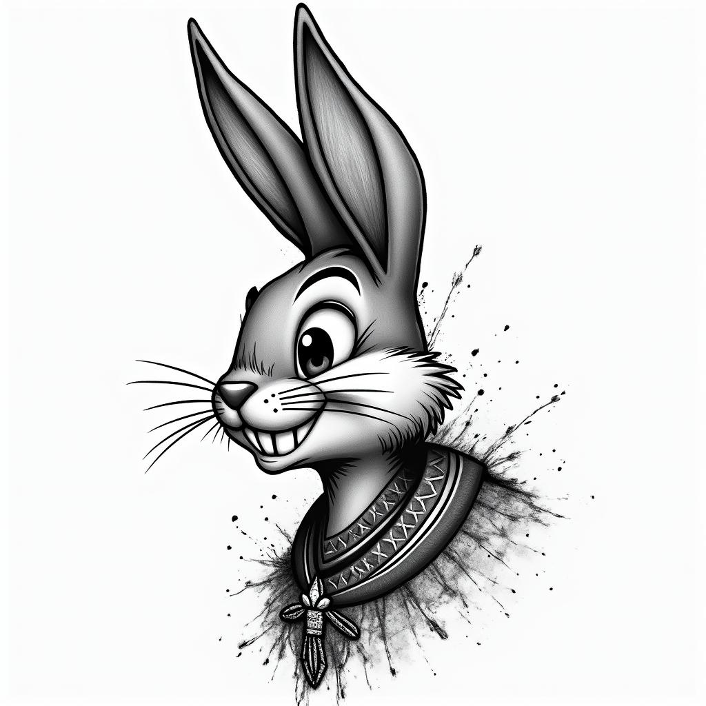 Bugs Bunnyin egyptian style tattoo, bold elements of ancient egyptian culture including a portrait of an Egyptian pharaoh with detailed facial features, in hieroglyphs and symbolic imagery, eye of horus, ankh symbol, scarab beetle