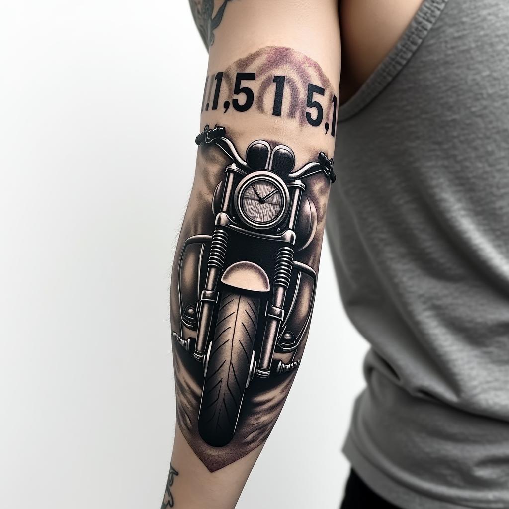 Left forearm tattoo motorcycle date in Roman numerals with rope.higly detailed tattoo - Variation 4