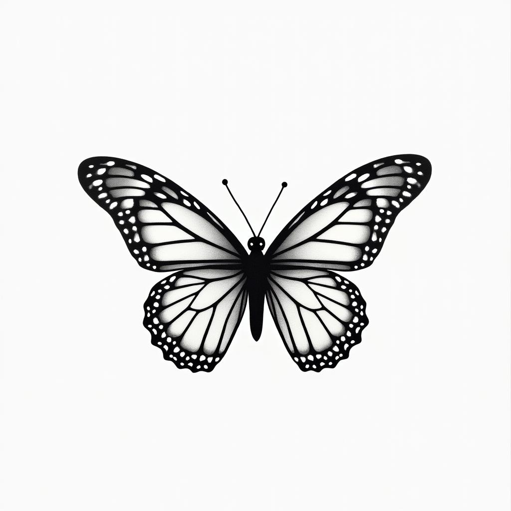 Butterfly Bruna 13in minimalist style tattoo, featuring simple shapes and fine lines, with minimal shading and details, tiny triangles, creating a sense of balance and harmony - Variation 4