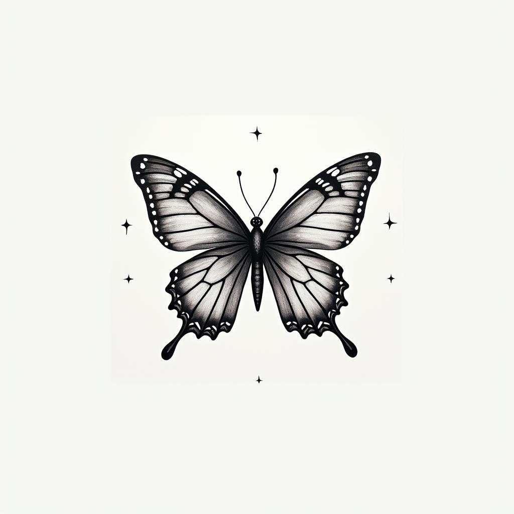 Butterfly Bruna 13in minimalist style tattoo, featuring simple shapes and fine lines, with minimal shading and details, tiny triangles, creating a sense of balance and harmony - Variation 2