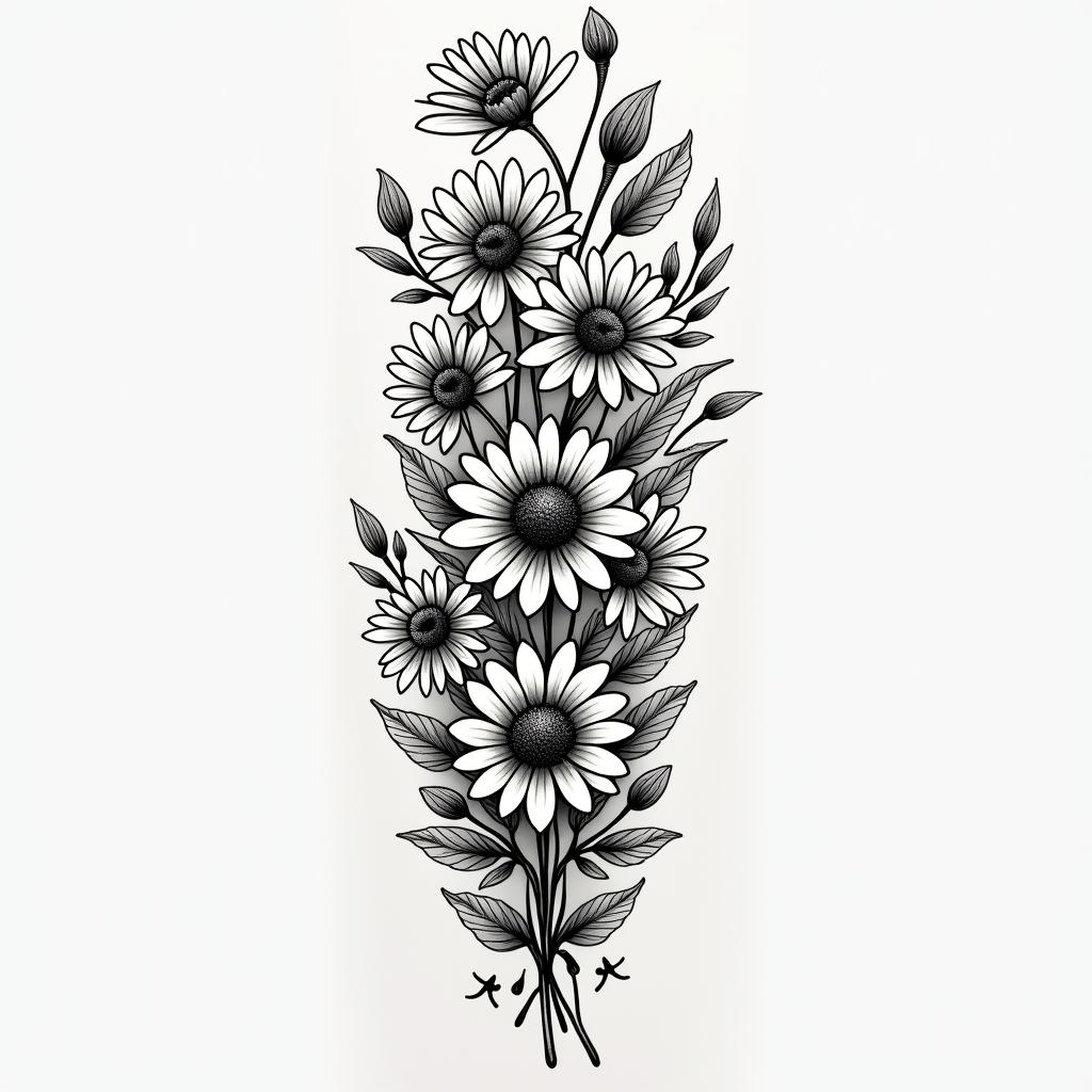 Daisies, water lilies, and hawthorn mixed together for a half sleeve tattoo on the upper armin authentic tattoo style, incorporating traditional modifications, bold black outlines, solid color fills, featuring classic authentic elements - Variation 2
