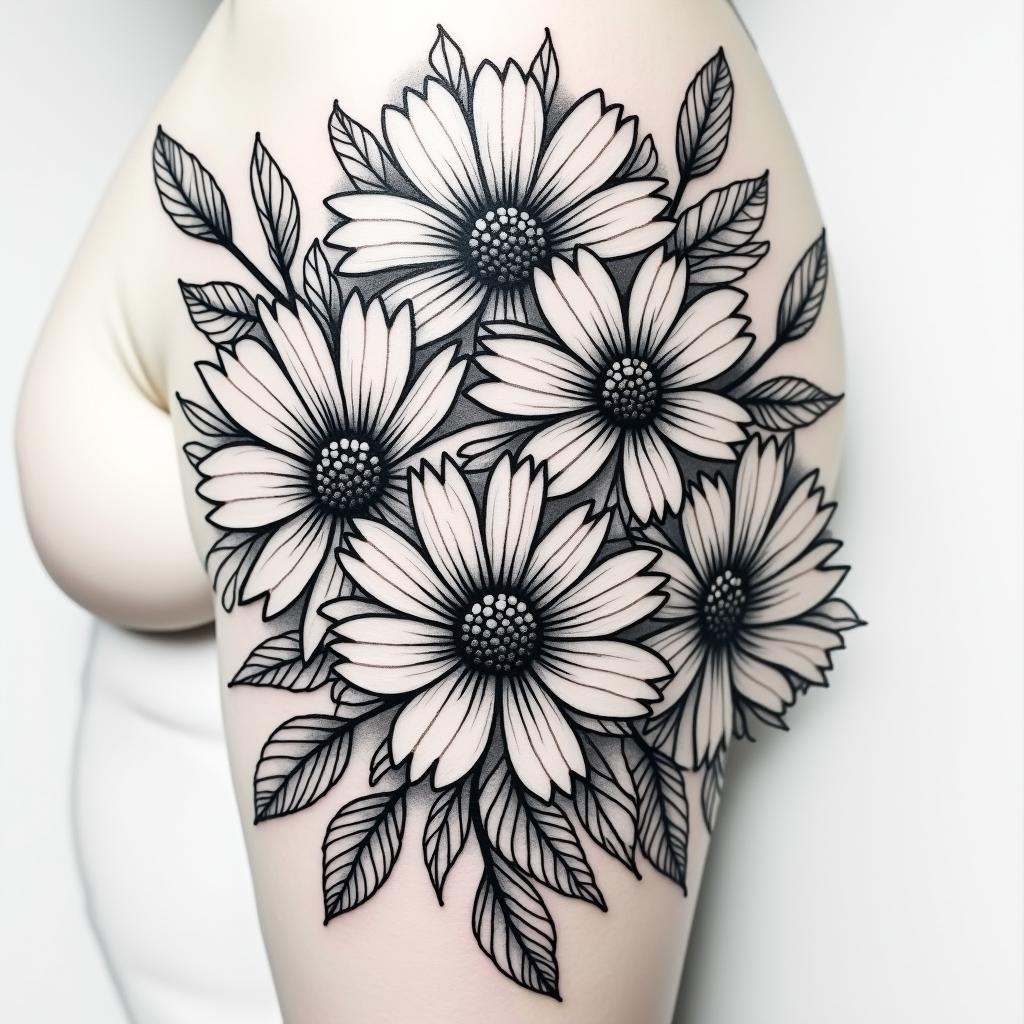 Daisies, water lilies, and hawthorn mixed together for a half sleeve tattoo on the upper armin authentic tattoo style, incorporating traditional modifications, bold black outlines, solid color fills, featuring classic authentic elements