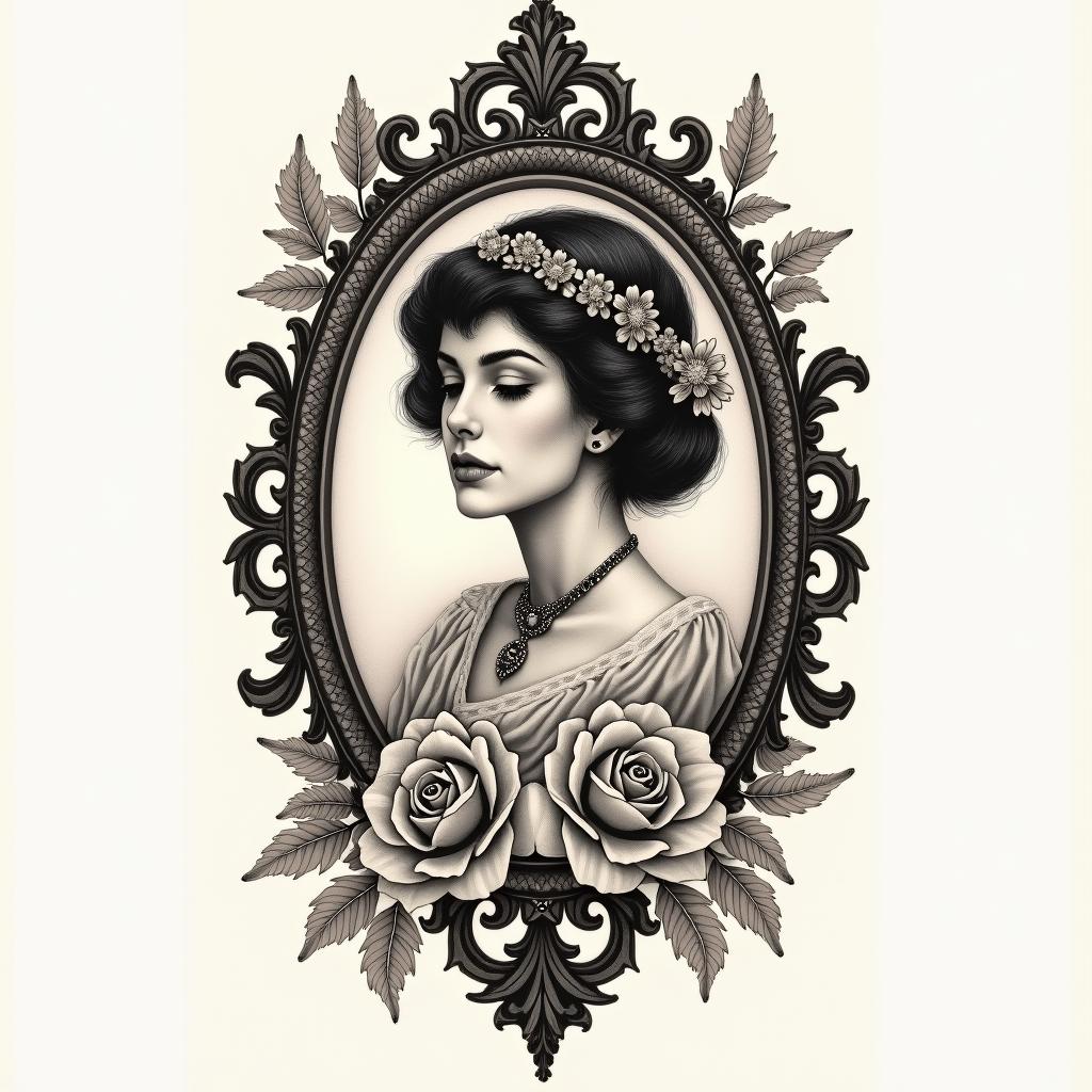 NO BAD VIBESin victorian style tattoo, featuring vintage and elegant elements, ornate frames, roses, antique, sepia-toned color scheme - Variation 2