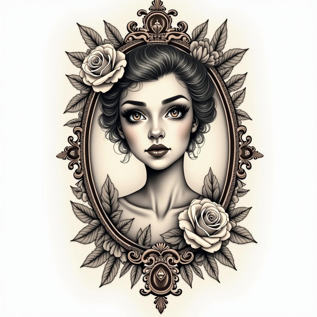 NO BAD VIBESin victorian style tattoo, featuring vintage and elegant elements, ornate frames, roses, antique, sepia-toned color scheme