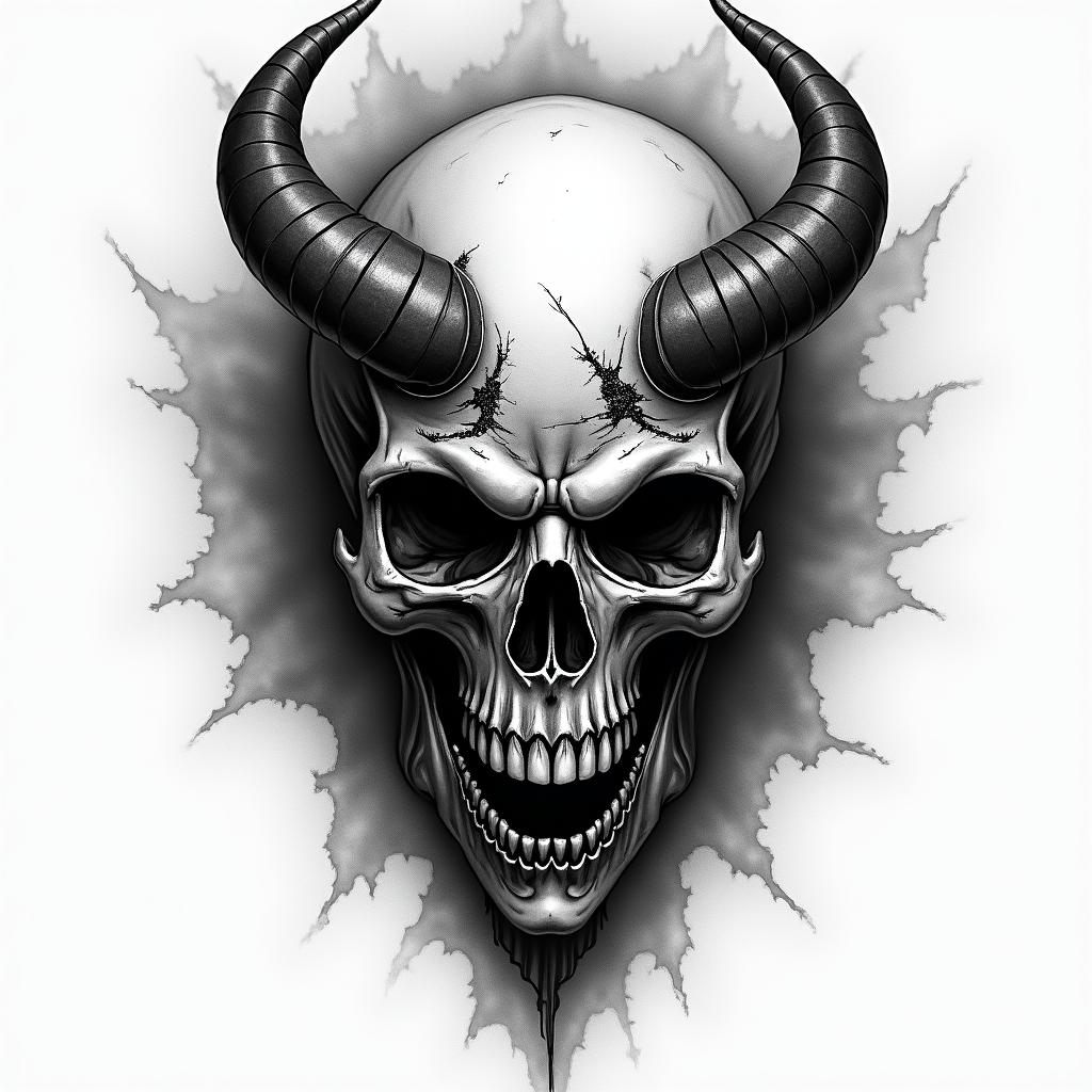 King of Hell in horror tattoo style, showcasing haunting and unsettling, dark and gritty textures with skulls, eerie faces, jgged designs, bold and intense shading