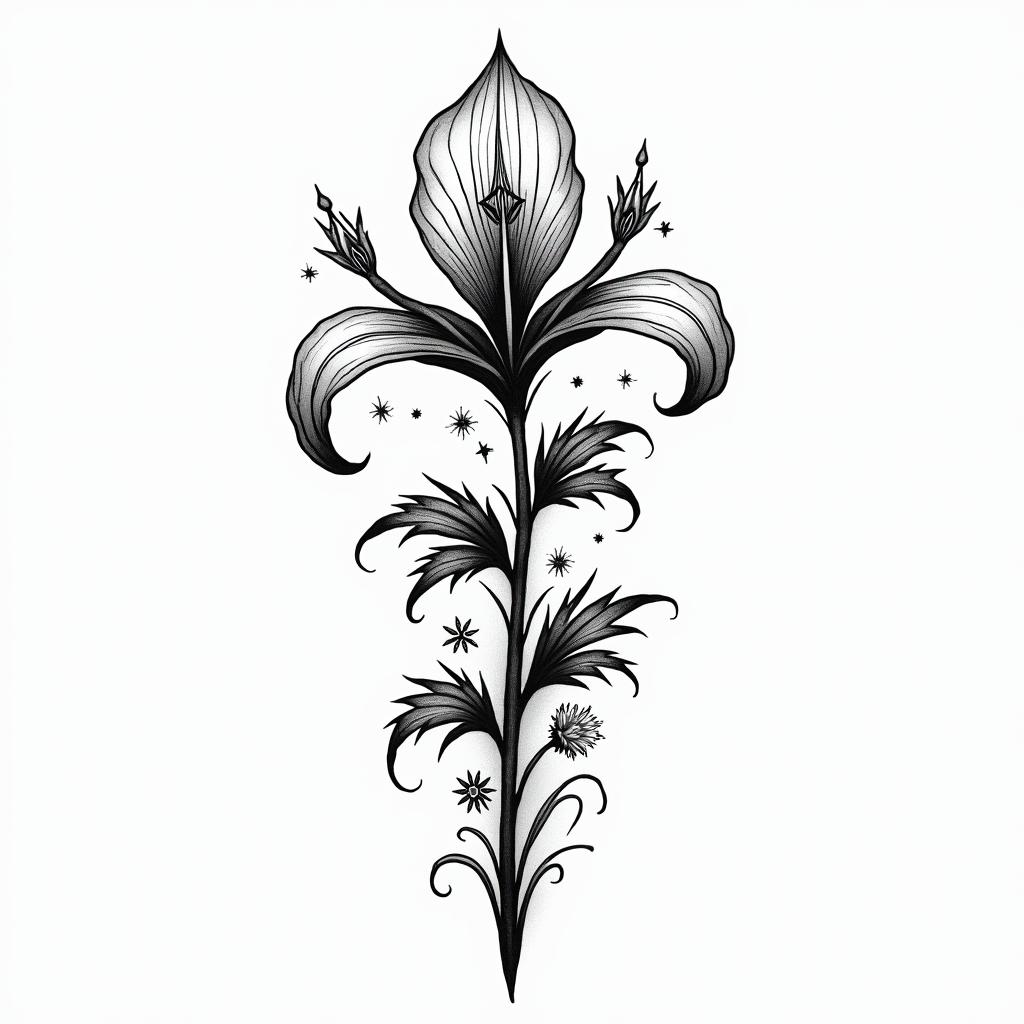 Lilly flowers with the word nanin paganic style tattoo, featuring ancient symbols, add vegvisir symbol, mystical figures, incorporating designs, pentagrams, runes, crescent moons, - Variation 2