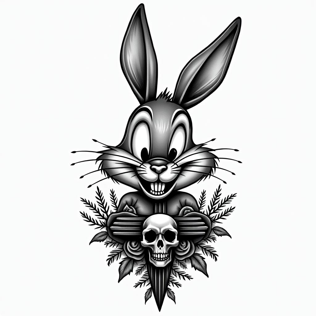 Bugs Bunnyin chicano style tattoo, featuring intricate black and grey shading, bold elements of traditional chicano culture symbols, add a big cross with skull, chains and roses - Variation 5
