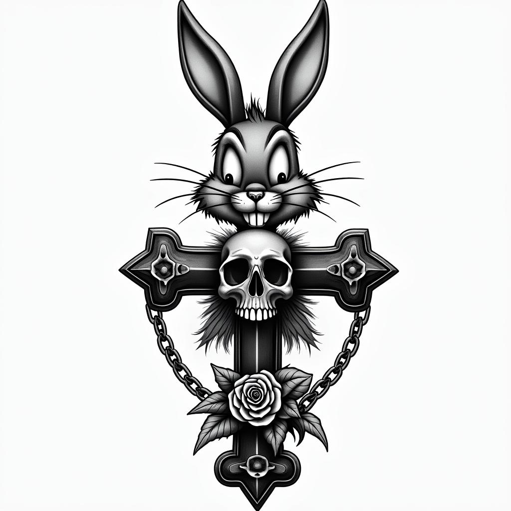 Bugs Bunnyin chicano style tattoo, featuring intricate black and grey shading, bold elements of traditional chicano culture symbols, add a big cross with skull, chains and roses - Variation 6