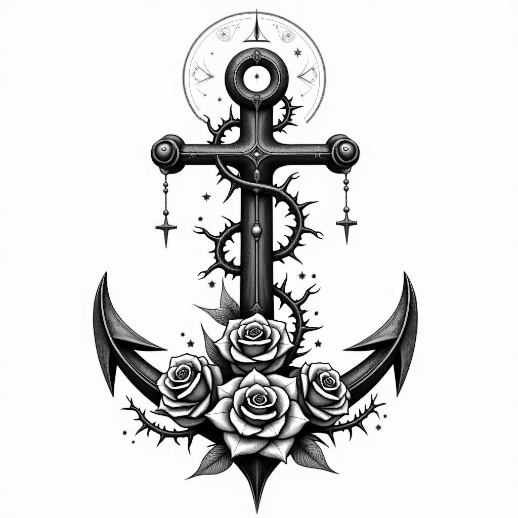 Anchor entwined with roses and thornsin prophecy tattoo style, featuring mystical symbols, celestial imagery like stars, moons, suns, geometric patterns, foretelling elements, an eye of wisdom - Variation 3