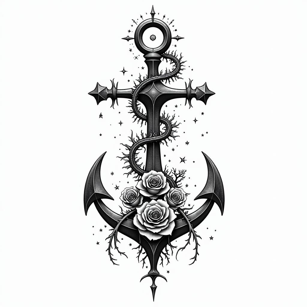 Anchor entwined with roses and thornsin prophecy tattoo style, featuring mystical symbols, celestial imagery like stars, moons, suns, geometric patterns, foretelling elements, an eye of wisdom - Variation 2
