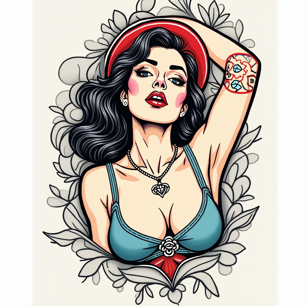 Pop art strength feminine moving on chandelierin pop art style tattoo, featuring bold and vibrant colors, exaggerated outlines, iconic imagery, inspired by comic books and speech bubbles, comic book characters, retro pop culture - Variation 4