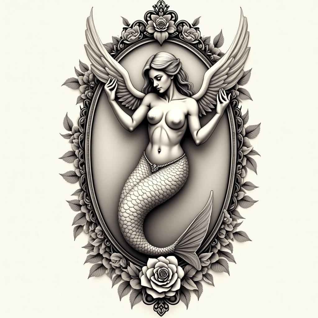 Mermaid angelin victorian style tattoo, featuring vintage and elegant elements, ornate frames, roses, antique, sepia-toned color scheme - Variation 4