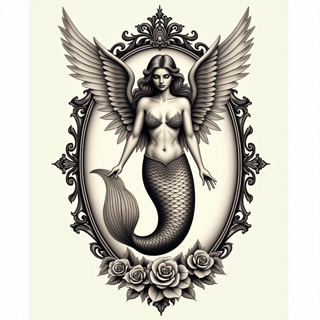 Mermaid angelin victorian style tattoo, featuring vintage and elegant elements, ornate frames, roses, antique, sepia-toned color scheme
