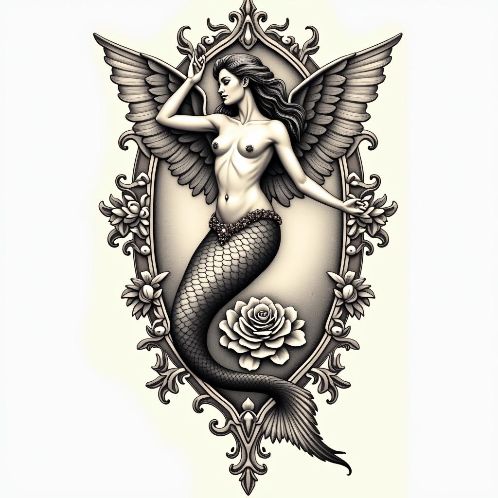 Mermaid angelin victorian style tattoo, featuring vintage and elegant elements, ornate frames, roses, antique, sepia-toned color scheme - Variation 3