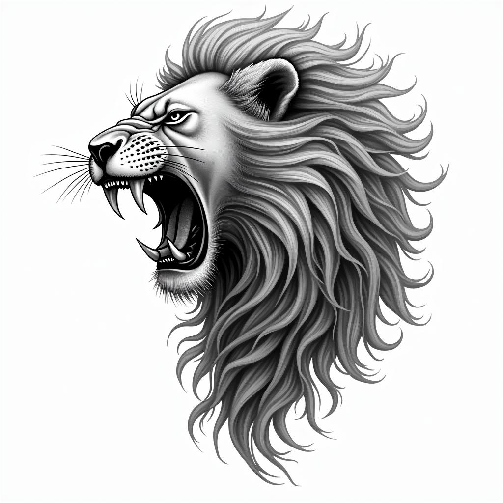 Roaring lion with a flowing manetext-based tattoo, japanese font ultra-realistic, perfectly placed, high-quality font design, photo-realistic shading, 8k, high quality, finely detailed typograph - Variation 4