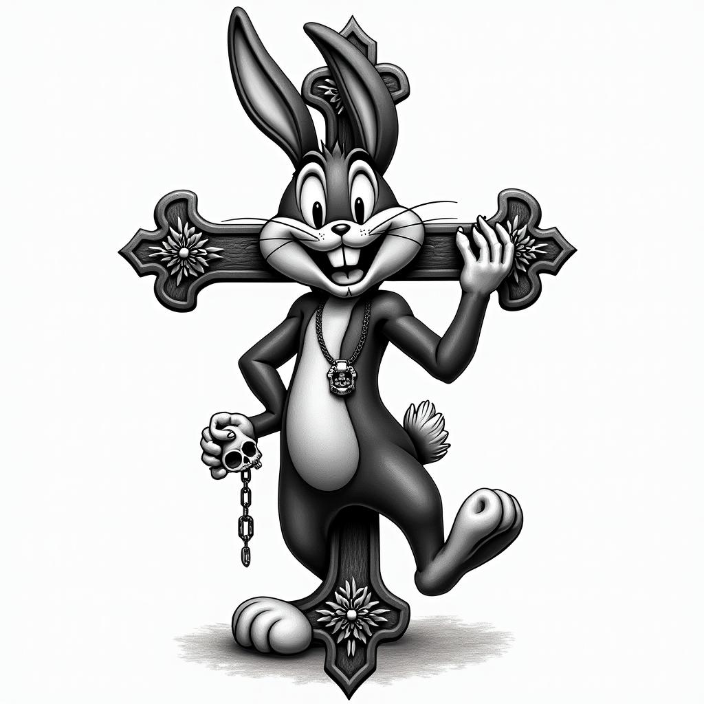 Bugs Bunnyin chicano style tattoo, featuring intricate black and grey shading, bold elements of traditional chicano culture symbols, add a big cross with skull, chains and roses - Variation 2