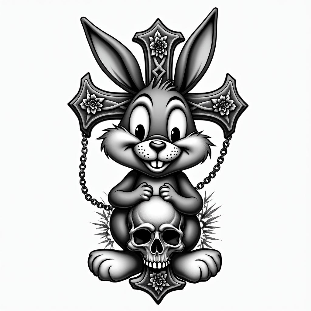 Bugs Bunnyin chicano style tattoo, featuring intricate black and grey shading, bold elements of traditional chicano culture symbols, add a big cross with skull, chains and roses - Variation 3