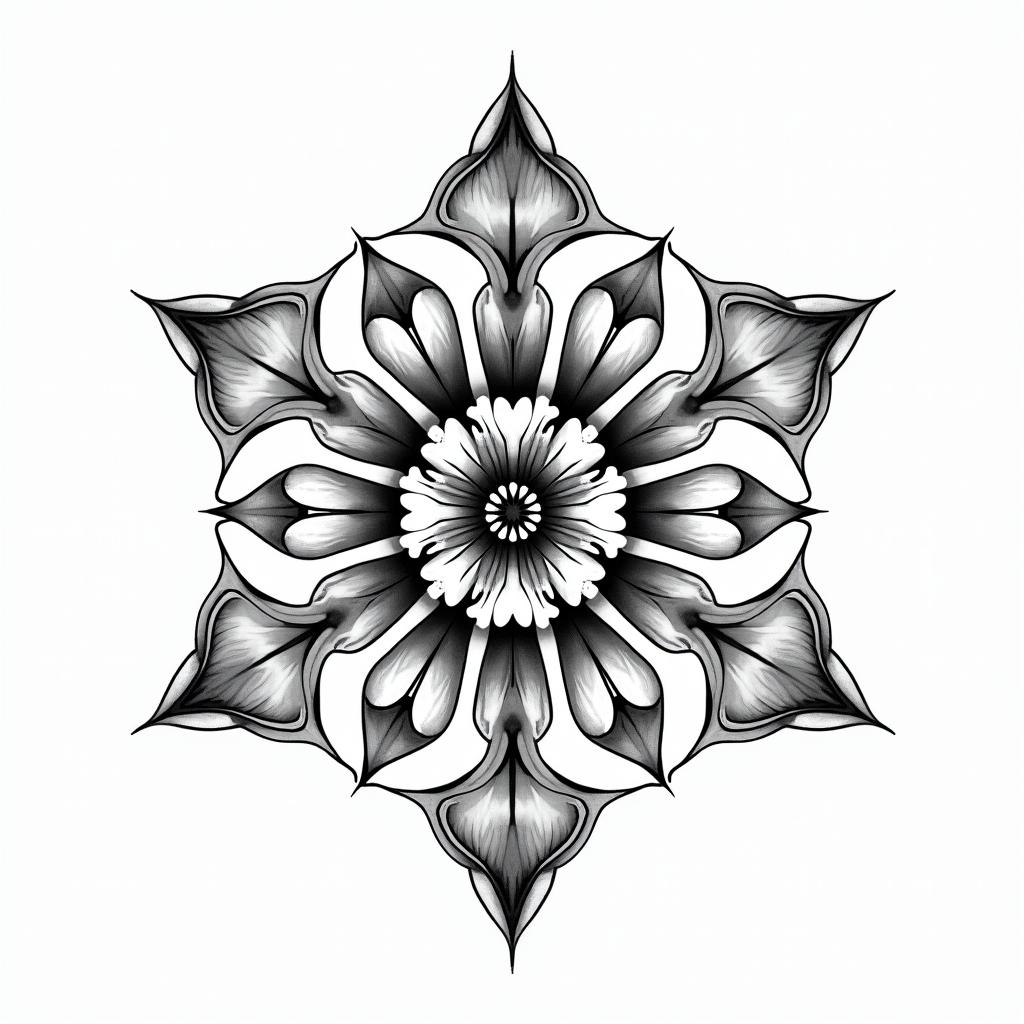 Pisces, flower, family in geometric style tattoo, blending hexagons, mandala-inspired patterns, symmetrical and fractal design, clean lines, sharp angles - Variation 3