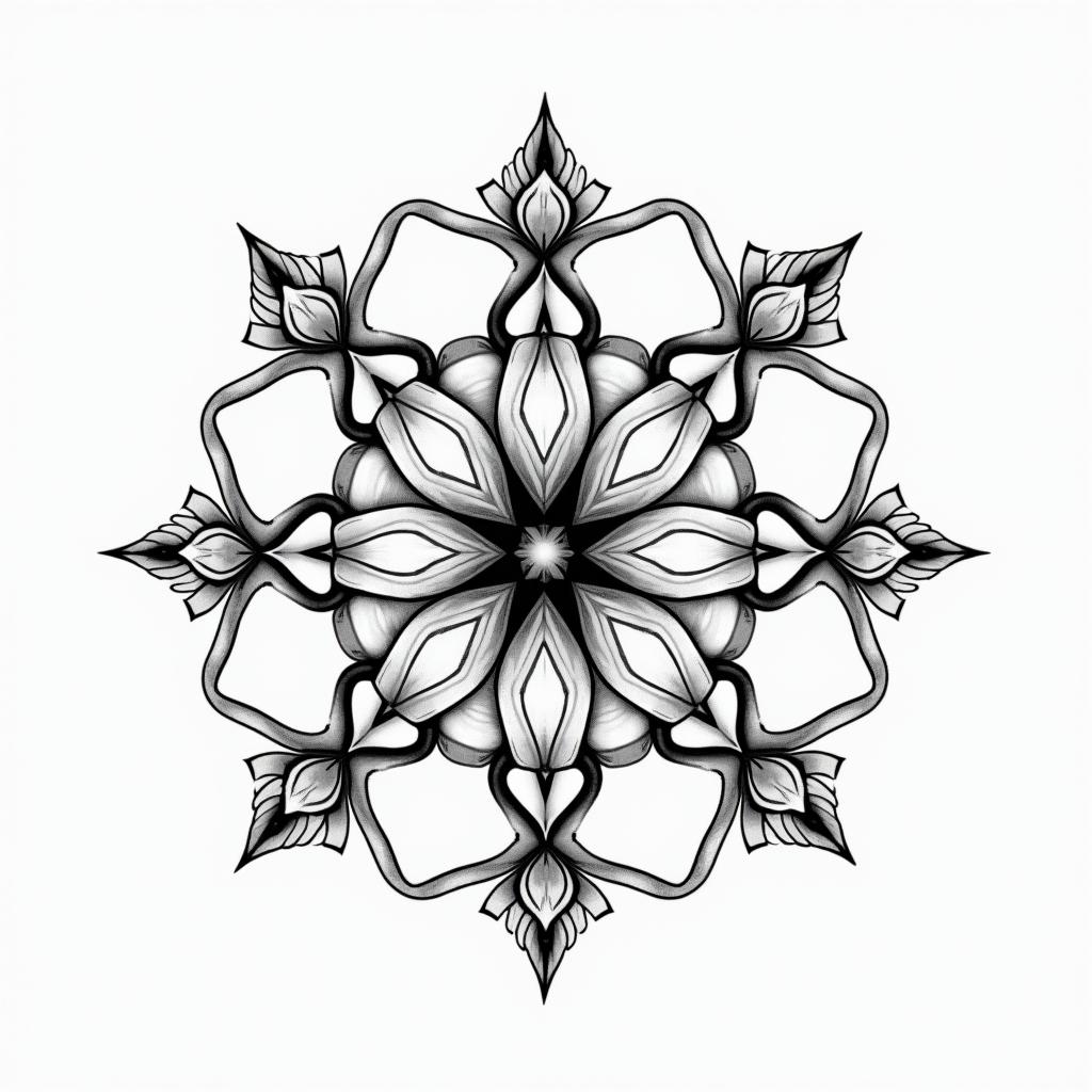 Pisces, flower, family in geometric style tattoo, blending hexagons, mandala-inspired patterns, symmetrical and fractal design, clean lines, sharp angles