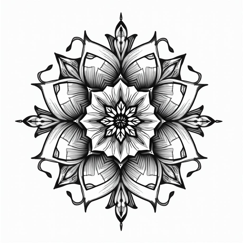 Pisces, flower, family in geometric style tattoo, blending hexagons, mandala-inspired patterns, symmetrical and fractal design, clean lines, sharp angles - Variation 4