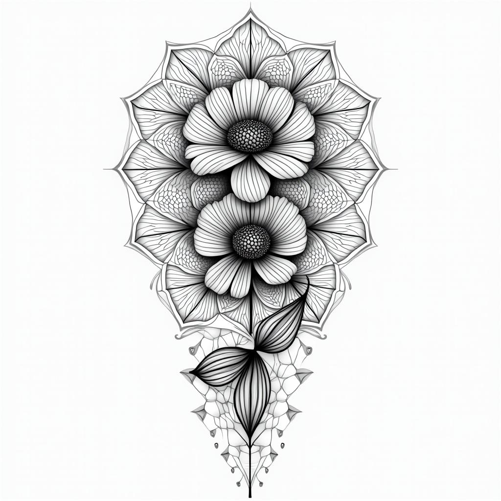 Pisces, flower, family in geometric style tattoo, blending hexagons, mandala-inspired patterns, symmetrical and fractal design, clean lines, sharp angles - Variation 2