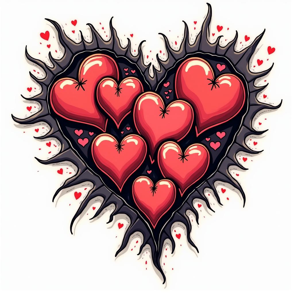 7 kid heartsin pop art style tattoo, featuring bold and vibrant colors, exaggerated outlines, iconic imagery, inspired by comic books and speech bubbles, comic book characters, retro pop culture